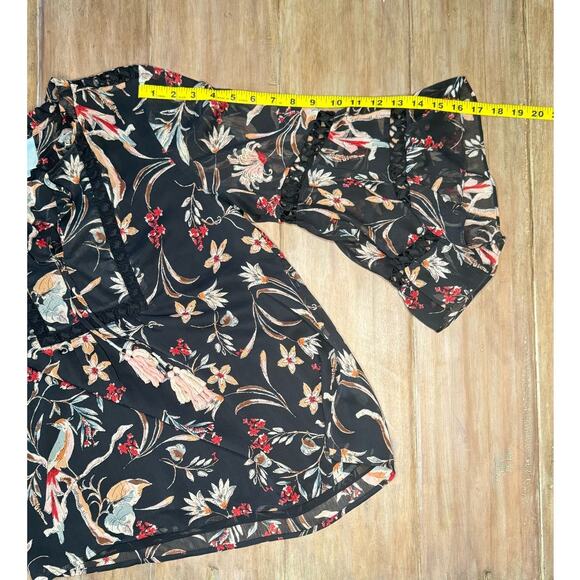 Maeve Anthropologie Women’s Blouse M Black Floral Sheer Boho Bell Sleeve Tassel - Picture 6 of 9